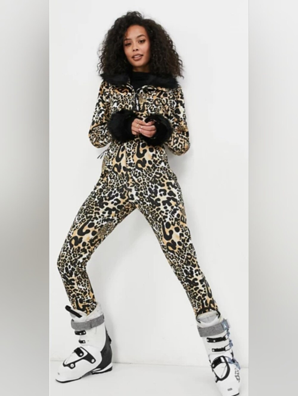 ASOS 4505 Ski One Piece Snow Suit Leopard Print Faux Fur Trim Size 0, NWOT!